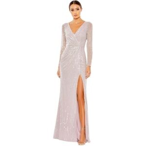NWT MAC DUGGAL SEOUINED FAUX WRAP
LONG SLEEVE GOWN